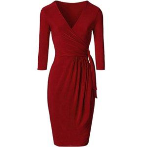 Women's Vintage V Neck Sleeve Bodycon Red Dress